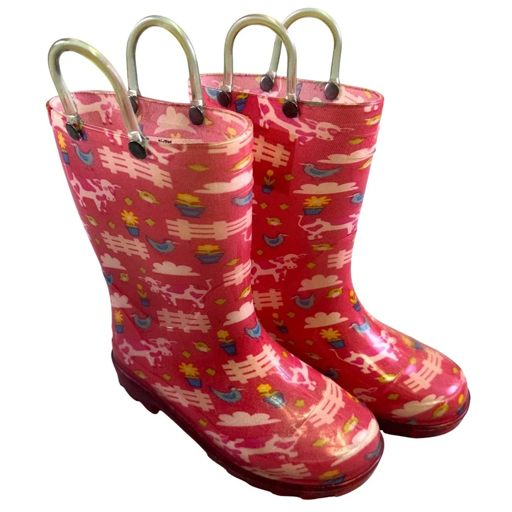 Western Chief Rain‎ Boots Youth Girl's Size 12 Farm Pink Cow Print Farmhouse